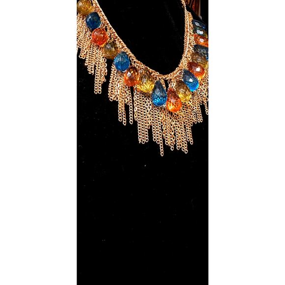 Statement Bib Necklace – Gold Fringe with Blue & Orange Drop Beads (NWOT) - Picture 5 of 7